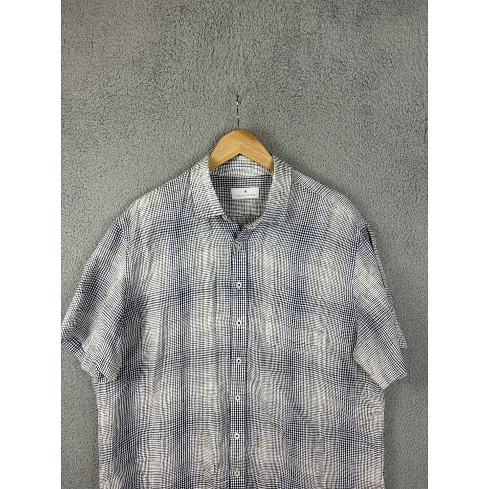 Toscano Firenze Shirt Mens XL Blue Check Linen Short Sleeve Button Front Casual